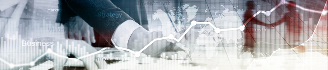 business abstract background double exposure graph, chart and diagram. world wide map and. global bu