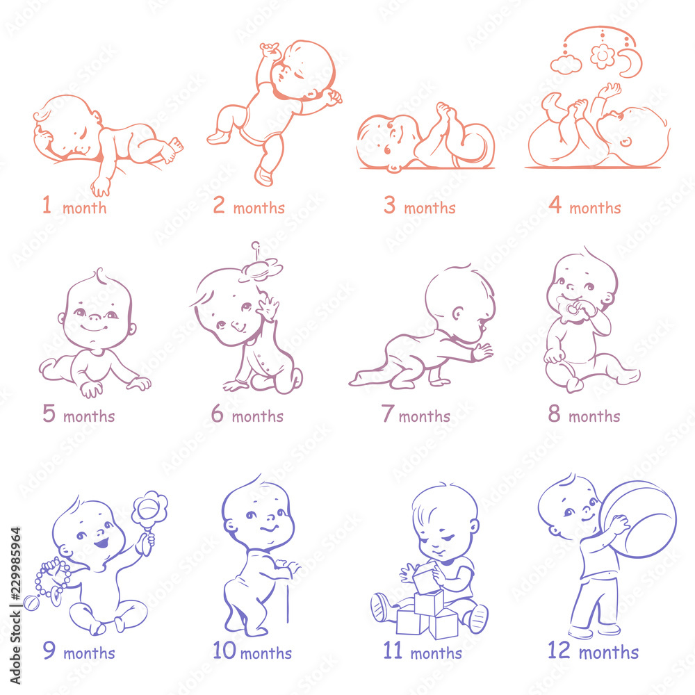 Set of child health and development icons. Presentation of baby growth ...