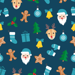 Wall Mural - Seamless pattern of Christmas and New Year symbols. Gingerbread man, Santa Claus, deer, bell, candy, gift, ball, Christmas tree, mistletoe, gloves pattern on dark blue background. Vector illustration.