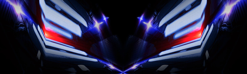 Neon lines on a dark background. Space background, lights space units. Abstract neon background, cosmic tunnels, corridors, lenses, glare, laser beams. The virtual reality