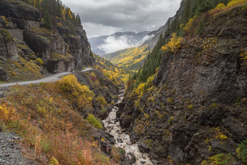 Colorado mountain rocky stream in fall colors aspens fir