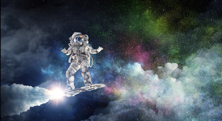 spaceman on flying board. mixed media