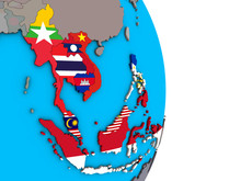 South East Asia With Embedded National Flags On Simple Political 3D Globe.