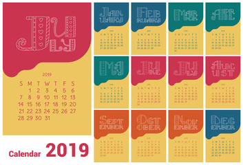 Poster - Calendar 2019. Vector hand drawn design. Doodle English lettering collection. Colorful calender. Hearts and lines