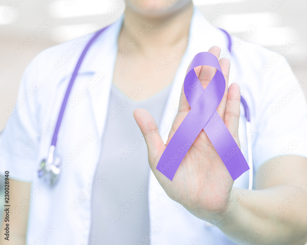 Purple Adhd Ribbon Female doctor in white uniform with purple awareness of ribbon in hand ...