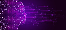 Big Data And Artificial Intelligence Concept. Machine Learning And Cyber Mind Education Concept In Form Of Child Face Outline With Circuit Board And Binary Data Flow On Purple Background.