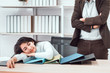 Boss caught tired lazy employee sleeping at workplace, business, overwork at office concept. 