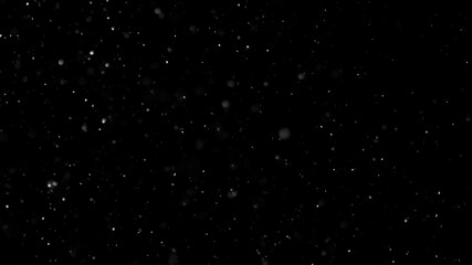 White Snow Falling on Isolated Black Background, Shot of Flying Snowflakes Bokeh, Dust Particles or Powder in the Air. Holiday Overlay Effect