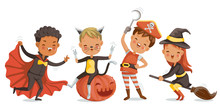 Halloween Funny. Happy Children Boys And Girls In Costumes And Makeup On A Celebration Of Halloween. Cartoon Vector Illustration Isolated White Background