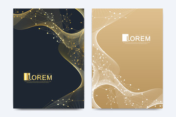 Poster - Modern vector template for brochure, leaflet, flyer, cover, catalog, magazine, banner or annual report. A4 size. Business, science and technology design with golden dynamic waves, line and particles.