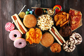 Wall Mural - Unhealthy products. food bad for figure, skin, heart and teeth.