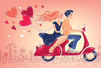 Couple in love on a scooter holding romantic heart shaped ballons.