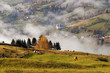 Foggy morning in Bucovina. Autumn colorful landscape in the romanian village