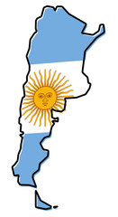 Canvas Print - Simplified map of Argentina outline, with slightly bent flag under it.