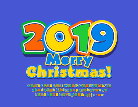 Vector Children Greeting Card Merry Christmas 2019. Colorful Kids Font. Bright Alphabet Letters, Numbers and Symbols.