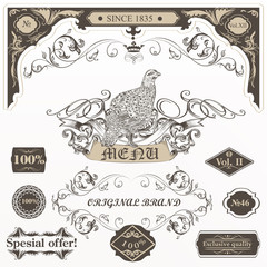Wall Mural - Big collection of vector decorative elements flourishes, swirls, frames, bird in vintage style