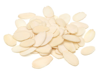 Sliced almonds pile from top view isolated on white background