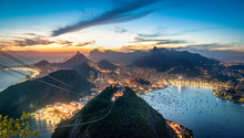 Aerial View Of Rio De Janeiro At Sunset With Urca And Corcovado Mountain And Guanabara Bay - Rio De Janeiro, Brazil