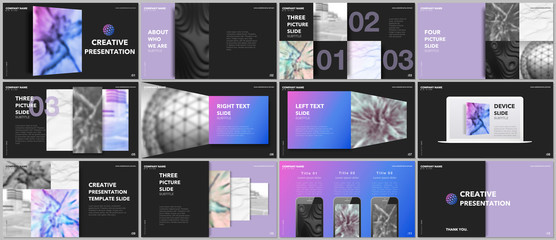 Wall Mural - Minimal presentations design, portfolio vector templates with elements on black background. Multipurpose template for presentation slide, flyer leaflet, brochure cover, report, marketing, advertising.