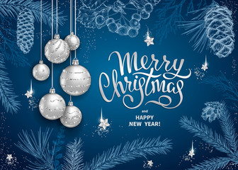 merry christmas and happy new year card with realistic silver balls, stars, sequins. sketch of diffe