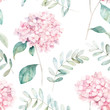 Watercolor seamless pattern. Vintage print with hortensia flowers and eucalyptus branches. Hand drawn illustration