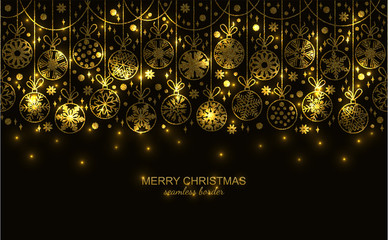 Wall Mural - Gold seamless snow flake border isolated on black background, Christmas glitter design for greeting card. Vector illustration, merry xmas snowflake header or banner, wallpaper or backdrop decor