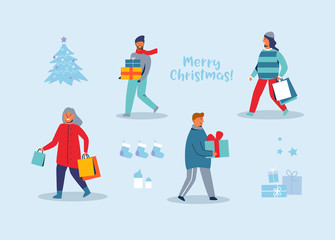 Sticker - Happy Characters Shopping on Winter Holidays. People with Christmas Gifts. Woman and Man with Shopping Bags on New Year. Vector illustration