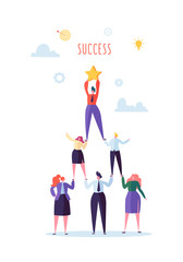 Poster - successful team work concept. pyramid of business people. leader holding star on the top. leadership