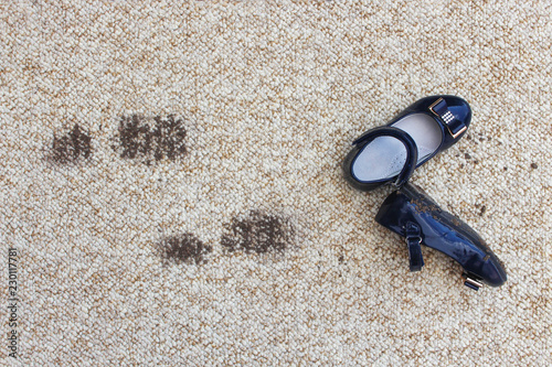 Fotografie, Obraz Dirty floor and children's shoes. Concept of child soiled carpet.