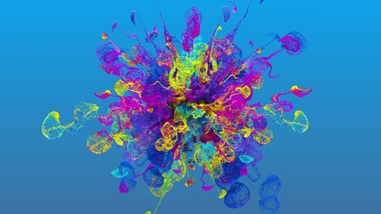 Poster - 3d render background with abstract particles. turbulences and curled multicolored particles. complex