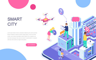 Poster - Modern flat design isometric concept of Smart City for banner and website. Isometric landing page template. Business center with skyscrapers, streets of the city connected roads. Vector illustration.