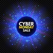 Cyber Monday Sale Banner With Sparkle Star And Explosion Light. Blue And Violet Glowing Signboard, Nightly Advertising. Annual Sale Background. Good Deal Promotion. Vector Illustration
