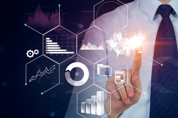 Poster - Businessman in tie using infographics interface