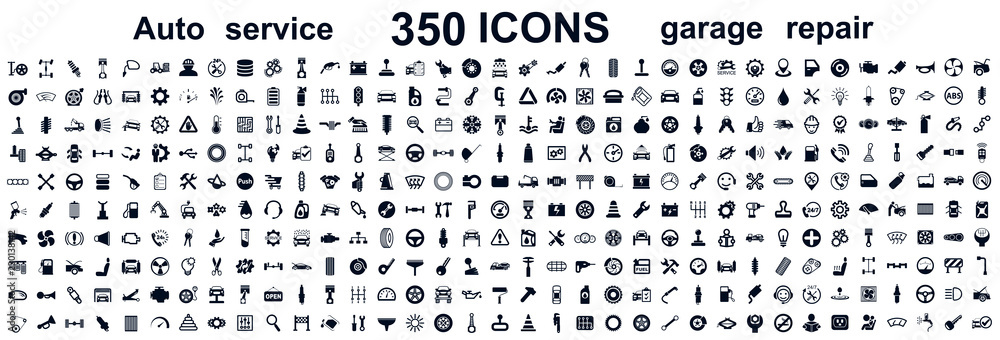Auto service, car garage 350 isolated icons set – stock vector - obrazy, fototapety, plakaty 