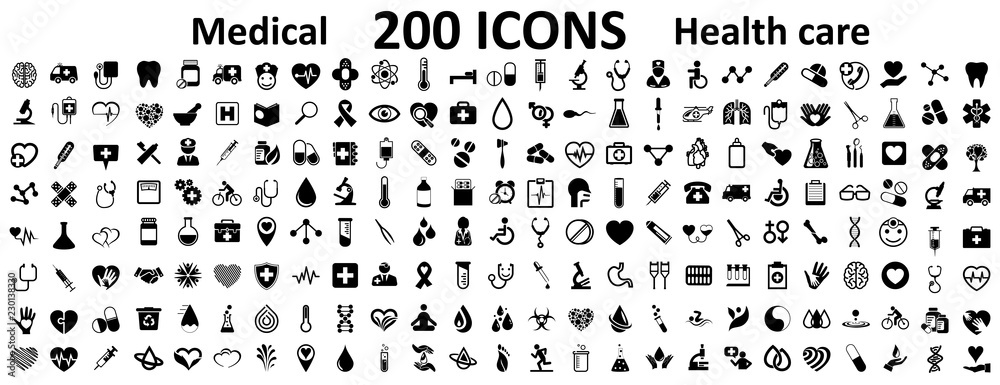 Set 200 Medecine and Health flat icons. Collection health care medical sign icons – for stock - obrazy, fototapety, plakaty 