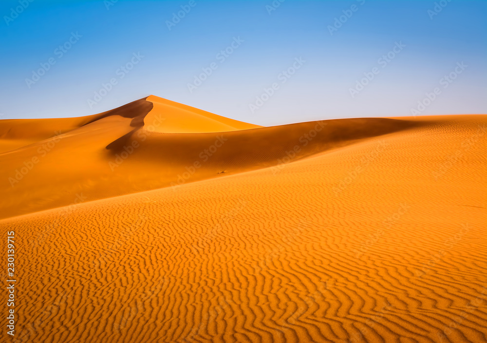 Amazing view of sand dunes in the Sahara Desert. Location: Sahara Desert, Merzouga, Morocco. Artistic picture. Beauty world. - obrazy, fototapety, plakaty 