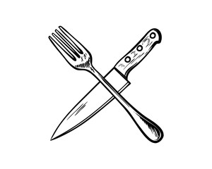 Wall Mural - Line Art Hand Drawn Vector Crossed Knife and Fork for Cooking or Eating in the Restaurant Sign Symbol Icon Logo Template Design Inspiration