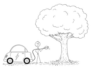 Sticker - Cartoon stick drawing conceptual illustration of man who wants to charge his electric car in nature, but there is no charging station.