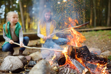 Cute Little Sisters Roasting Hotdogs On Sticks At Bonfire. Children Having Fun At Camp Fire. Camping With Kids In Fall Forest.