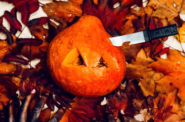 pumpkin with a scary face. the knife sticks in the pumpkin's head