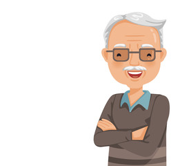 Elderly man smiling. Old man's face with glasses are laughing happily and cross one's arm. Feeling happy of granddaddy. Vector illustration isolated white background.