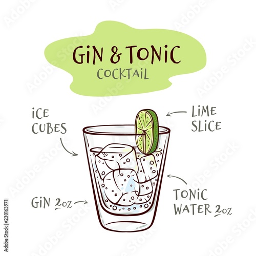 Vector illustration of gin and tonic cocktail recipe with proportions of ingredients in sketch style - hand drawn glass with ice cubes and alcohol drink isolated on white background Tableau sur Toile
