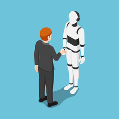 Poster - Isometric businessman shake hands with ai robot