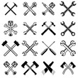 © liubov - Set of crossed saws, hammers, pistons, wrench, axe. Design element for logo, label, emblem, sign.
