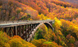 Jogakura Bridge in Aomori Prefecture with Autumn Leaves background. A wonderful view of Jyogakura-keiryu Stream, a famous place in the Towada-hachimantai National Park.