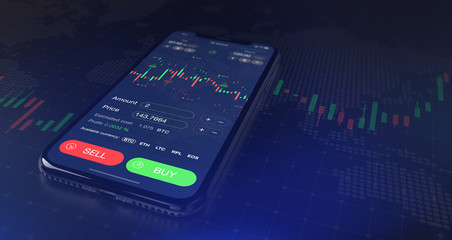 Poster - Futuristic stock exchange scene with mobile phone, chart, numbers and BUY and SELL options (3D illustration)