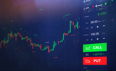 Poster - Futuristic stock exchange scene with laptop, chart, numbers and CALL and PUT options (3D illustration)