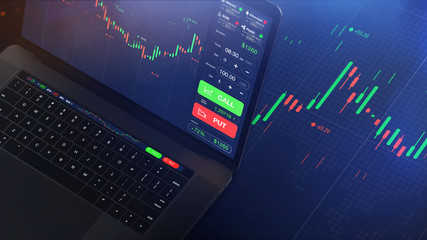 Poster - Futuristic stock exchange scene with laptop, chart, numbers and CALL and PUT options (3D illustration)