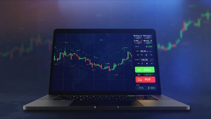 Poster - Futuristic stock exchange scene with laptop, chart, numbers and BUY and SELL options (3D illustration)