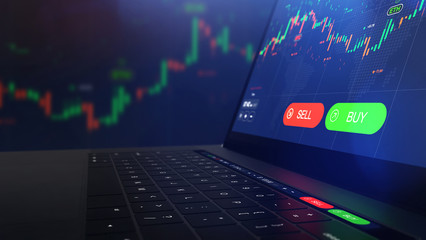 Poster - Futuristic stock exchange scene with laptop, chart, numbers and BUY and SELL options (3D illustration)